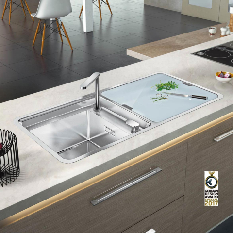 Chiuveta bucatarie inox CookingAid VISION 100 INVISIBLE montaj sub geam cu baterie telescopica integrata, tocator sticla temperizata + accesorii montaj [3]