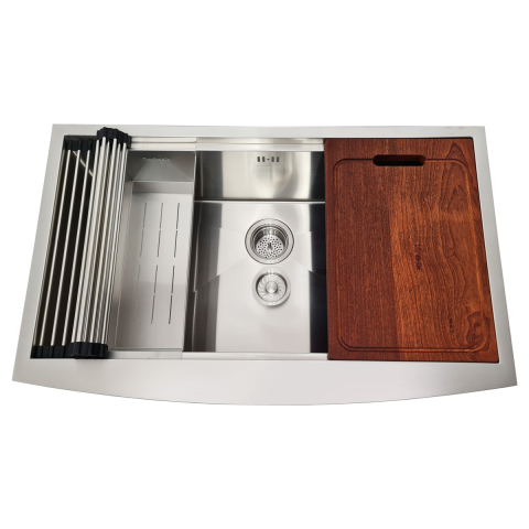 Chiuveta bucatarie inox cu front vizibil CookingAid FARMHOUSE Apron Large Workstation cu scurgator vase/paste/fructe, gratar rulabil inox, dozator sapun, tocator Sapele si accesorii montaj [7]