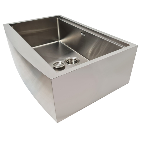 Chiuveta bucatarie inox cu front vizibil CookingAid FARMHOUSE Apron Large Workstation cu scurgator vase/paste/fructe, gratar rulabil inox, dozator sapun, tocator Sapele si accesorii montaj [12]