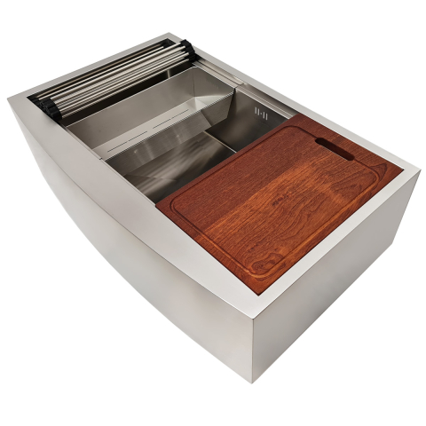 Chiuveta bucatarie inox cu front vizibil CookingAid FARMHOUSE Apron Large Workstation cu scurgator vase/paste/fructe, gratar rulabil inox, dozator sapun, tocator Sapele si accesorii montaj [10]