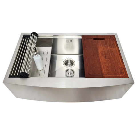 Chiuveta bucatarie inox cu front vizibil CookingAid FARMHOUSE Apron Large Workstation cu scurgator vase/paste/fructe, gratar rulabil inox, dozator sapun, tocator Sapele si accesorii montaj [6]