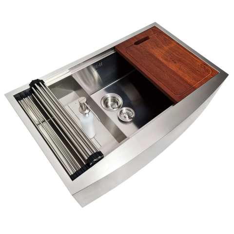 Chiuveta bucatarie inox cu front vizibil CookingAid FARMHOUSE Apron Large Workstation cu scurgator vase/paste/fructe, gratar rulabil inox, dozator sapun, tocator Sapele si accesorii montaj [5]