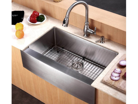 Chiuveta bucatarie inox cu front vizibil CookingAid FARMHOUSE Apron Large Workstation cu scurgator vase/paste/fructe, gratar rulabil inox, dozator sapun, tocator Sapele si accesorii montaj [1]