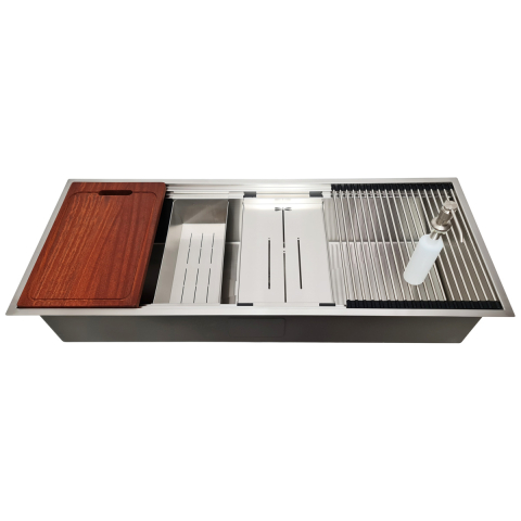 Chiuveta bucatarie inox HORECA CookingAid Infinity Undermount Workstation, montaj pe/sub blat, cu dozator detergent, tavita vase/paste/fructe, scurgator plat inox, gratar rulabil inox, tocator lemn Sa [17]