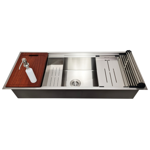 Chiuveta bucatarie inox HORECA CookingAid Infinity Undermount Workstation, montaj pe/sub blat, cu dozator detergent, tavita vase/paste/fructe, scurgator plat inox, gratar rulabil inox, tocator lemn Sa [13]