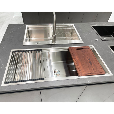 Chiuveta bucatarie inox HORECA CookingAid Infinity Undermount Workstation, montaj pe/sub blat, cu dozator detergent, tavita vase/paste/fructe, scurgator plat inox, gratar rulabil inox, tocator lemn Sa [5]