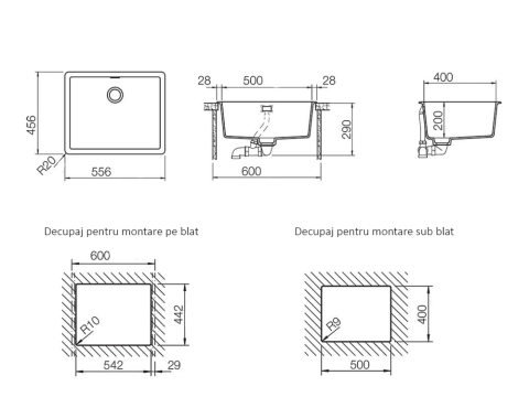 Chiuveta bucatarie Schock Greenwich N-100L Cristadur Polaris 556 x 456 mm, compozit granit, montare pe/sub blat, alb polar [2]