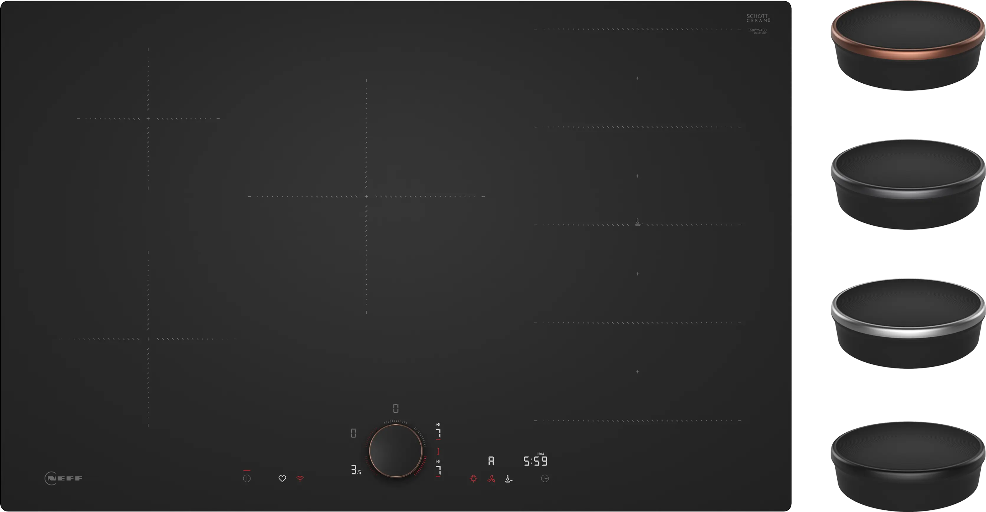 Electrocasnice - Plită cu inducție NEFF N90 T68PYV4B0, 80 cm, FlexInduction, Twist Pad Flex®, Home Connect, Frying Sensor, montaj flush, Negru mat
