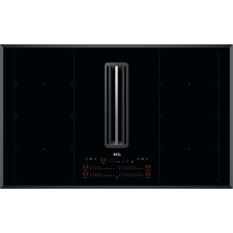 Plita cu hota integrata - Plita incorporabila AEG CCE84779FB, Inductie, 4 zone de gatit, Hota integrata,  FlexiBridge, Putere absorbrie 630 mc/h, Booster, Timer, 83 cm, Negru