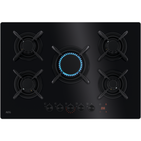 Plite gaz - Plita incorporabila AEG HKB75453NB, 5 arzatoare, Aprindere electrica, Gratare fonta, Timer electronic, 75 cm