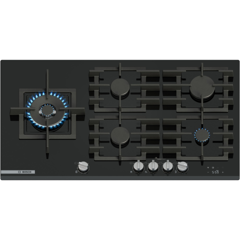 Plite incorporabile - Plita incorporabila Bosch PRS9A6H40, 5 arzatoare, Flame select, Arzator Wok, Touch control & mecanic, Gratar fonta, 90 cm