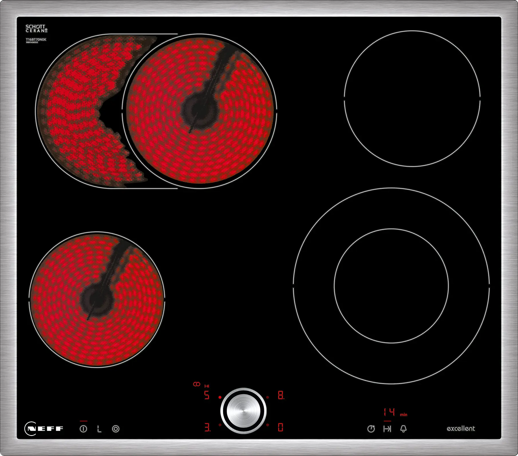 Electrocasnice - Plită vitroceramică electrică NEFF N70 T16BT70N0K, 60 cm, TwistPad®, 4 zone de gătit, zonă dublu circuit + zonă pentru tavă, cadru inox, Negru