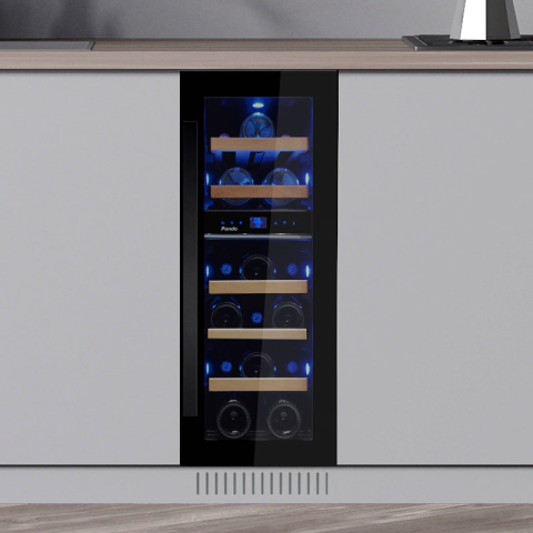 Vitrine de vin - Racitor vinuri Pando PVMB 30-16 CRR, incorporabil, 5 rafturi din lemn, 52 litri, capacitate 16 sticle, clasa A, termostat reglabil, iluminare interioara LED Blue, usa pe dreapta, sticla neagra