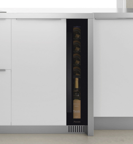 Vitrine de vin - Racitor vinuri Pando PVZB 15-9 CRR, incorporabil, 7 rafturi din metal, 19 litri, capacitate 7 sticle, clasa A, termostat reglabil, iluminare interioara LED Blue, usa pe dreapta, sticla neagra