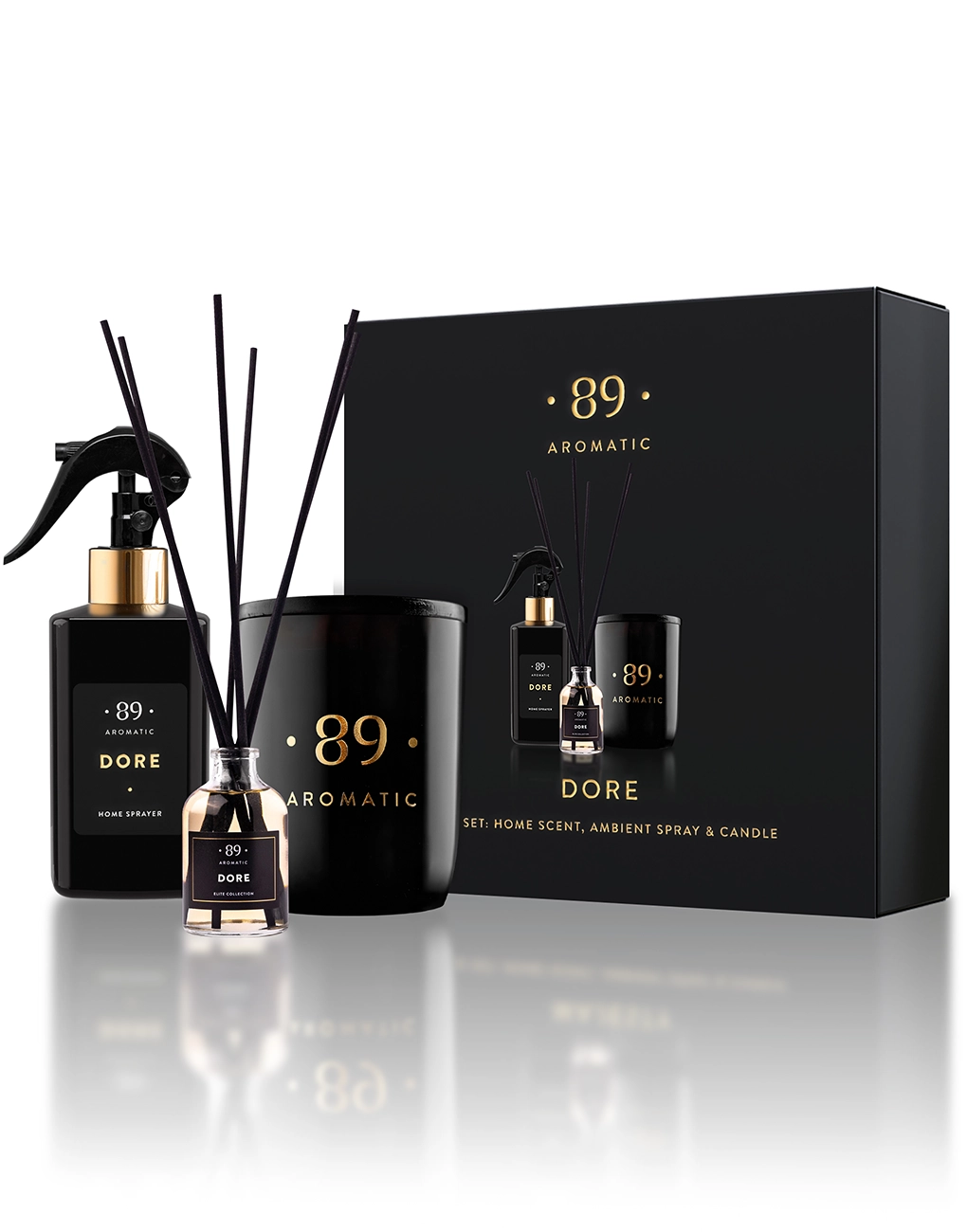 Lumânări parfumate - Set cadou Aromatic 89: difuzor cu bețișoare, spray de cameră și lumânare parfumată, 5 arome