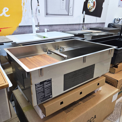 Set chiuveta bucatarie inox CookingAid TASCA PHANTOM BACK PT74 INVISIBLE cu baterie telescopica Tasca Nando si tocator lemn Iroko [13]