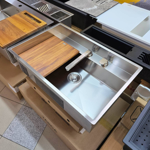 Set chiuveta bucatarie inox CookingAid TASCA PHANTOM BACK PT74 INVISIBLE cu baterie telescopica Tasca Nando si tocator lemn Iroko [14]