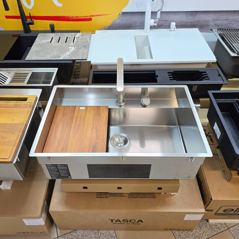 Set chiuveta bucatarie inox CookingAid TASCA PHANTOM BACK PT74 INVISIBLE cu baterie telescopica Tasca Nando si tocator lemn Iroko [19]