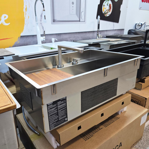 Set chiuveta bucatarie inox CookingAid TASCA PHANTOM BACK PT74 INVISIBLE cu baterie telescopica Tasca Nando si tocator lemn Iroko [16]