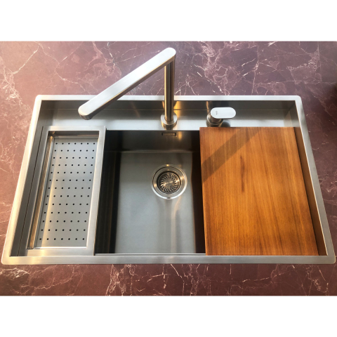 Set chiuveta bucatarie inox CookingAid TASCA PHANTOM BACK PT74 INVISIBLE cu baterie telescopica Tasca Nando si tocator lemn Iroko [6]