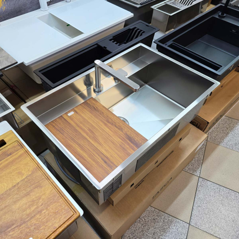 Set chiuveta bucatarie inox CookingAid TASCA PHANTOM BACK PT74 INVISIBLE cu baterie telescopica Tasca Nando si tocator lemn Iroko [17]