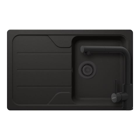 Set chiuvete si baterii - Set chiuveta bucatarie Schock Formhaus D-100S 780 x 500 mm Cristalite Nero cu parti vizibile negru si baterie bucatarie Schock Kantus cu cap extractibil, negru