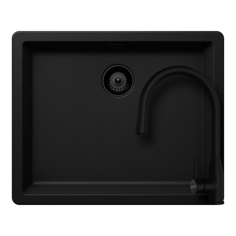 Set chiuvete si baterii - Set chiuveta bucatarie Schock Greenwich N-100L 556 x 456 mm Cristadur Puro, negru intens cu parti vizibile si baterie bucatarie Schock Kavus cu cap extractibil Puro