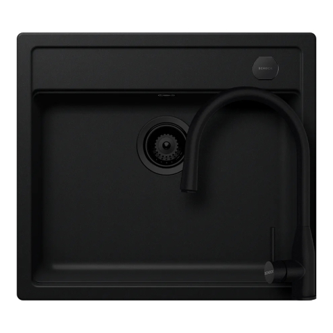 Set chiuvete si baterii - Set chiuveta bucatarie Schock Mono N-100 570 x 510 mm Cristadur Puro, negru intens cu parti vizibile si baterie bucatarie Schock Kavus cu cap extractibil Puro