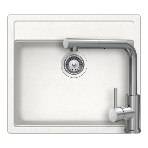 Set chiuvete si baterii - Set chiuveta bucatarie Schock Nemo N-100 570 x 510 mm Cristalite Alpina, alb si baterie bucatarie Schock Kantus cu cap extractibil, Inox Periat