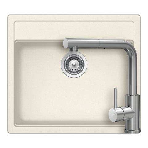 Set chiuvete si baterii - Set chiuveta bucatarie Schock Nemo N-100 570 x 510 mm Cristalite Vanilla, bej deschis si baterie bucatarie Schock Kantus cu cap extractibil, Inox Periat