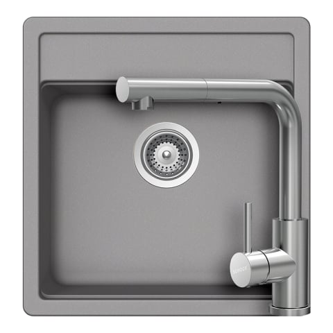 Set chiuvete si baterii - Set chiuveta bucatarie Schock Nemo N-100S 490 x 510 mm Cristalite Croma, gri si baterie bucatarie Schock Kantus cu cap extractibil, Inox Periat