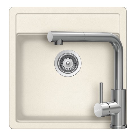 Set chiuvete si baterii - Set chiuveta bucatarie Schock Nemo N-100S 490 x 510 mm Cristalite Vanilla, bej deschis si baterie bucatarie Schock Kantus cu cap extractibil, Inox Periat