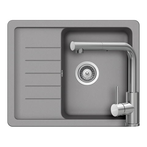 Set chiuvete si baterii - Set chiuveta bucatarie Schock Pinedo D-100XS 620 x 500 mm Cristalite Croma, gri si baterie bucatarie Schock Kantus cu cap extractibil, Inox Periat