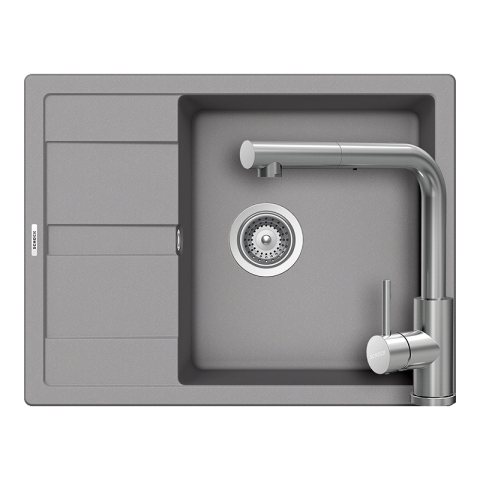 Set chiuvete si baterii - Set chiuveta bucatarie Schock Ronda D-100L 650 x 500 mm Cristalite Croma, gri si baterie bucatarie Schock Kantus cu cap extractibil, Inox Periat