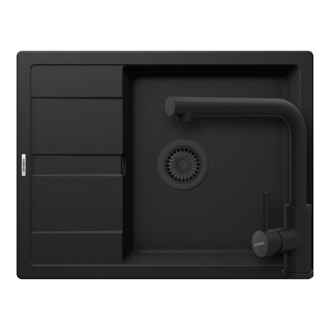 Set chiuvete si baterii - Set chiuveta bucatarie Schock Ronda D-100L 650 x 500 mm Cristalite Nero cu parti vizibile negru si baterie bucatarie Schock Kantus cu cap extractibil, negru