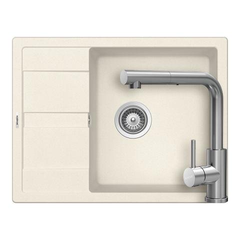 Set chiuveta bucatarie Schock Ronda D-100L 650 x 500 mm Cristalite Vanilla, bej deschis si baterie bucatarie Schock Kantus cu cap extractibil, Inox Periat [1]