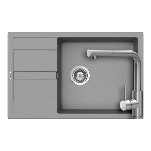 Set chiuvete si baterii - Set chiuveta bucatarie Schock Ronda D-100XL 780 x 500 mm Cristalite Croma, gri si baterie bucatarie Schock Kantus cu cap extractibil, Inox Periat