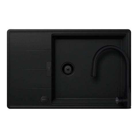 Set chiuvete si baterii - Set chiuveta bucatarie Schock Tia D-100LS 780 x 500 mm Cristadur Puro, negru intens cu parti vizibile si baterie bucatarie Schock Kavus cu cap extractibil Puro