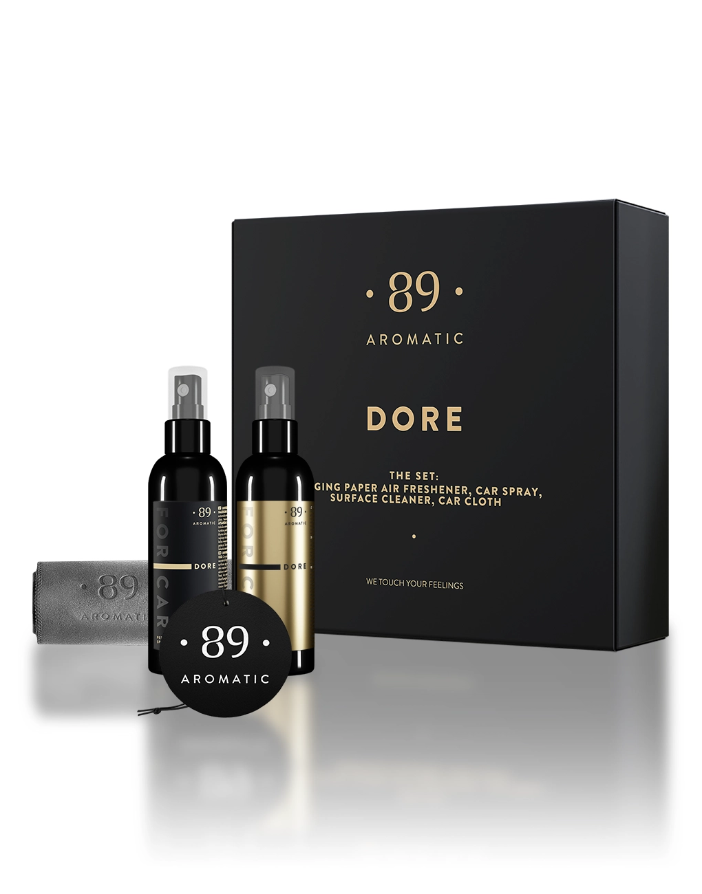 Seturi cadou - Set de îngrijire auto Aromatic 89: spray parfumat, odorizant, soluție pentru bord și lavetă microfibră, 5 arome