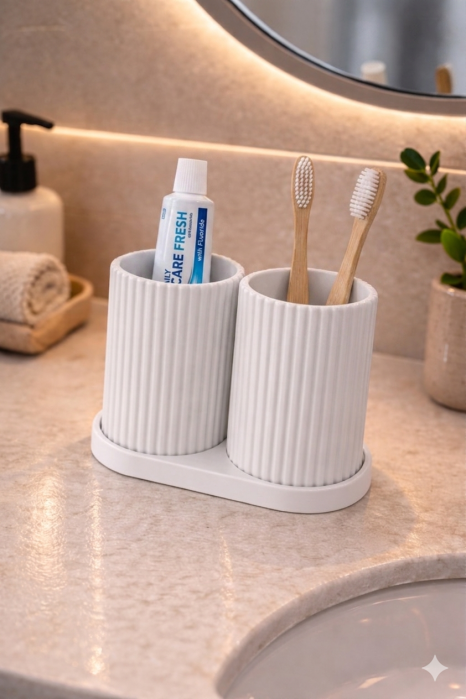Organizator Baie Pentru Periuta Dinti Si Accesorii, Suport Cu 2 Pahare Pentru Organizare Eficienta [2]