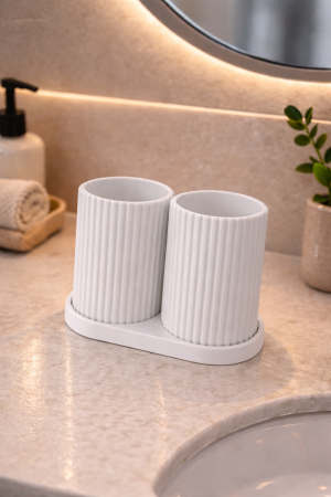Organizare baie - Organizator Baie Pentru Periuta Dinti Si Accesorii, Suport Cu 2 Pahare Pentru Organizare Eficienta