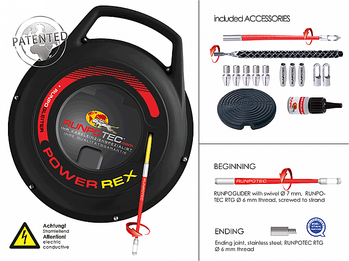 POWER REX - Tragator cablu din fibra de sticla cu accesorii, Ø 3mm x 40m, RUNPOTEC [2]