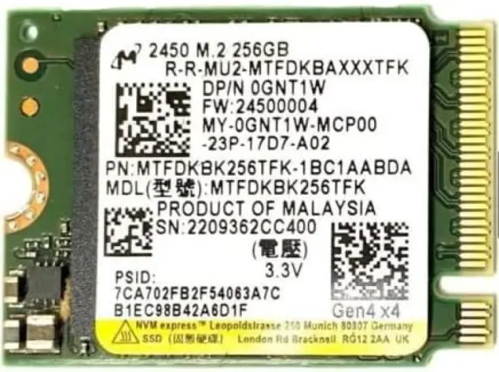 SSD Micron 2450 M.2, 256 GB, 30 mm, PCIe, Gen 4 x 4, Read/Write 3500/1600 MB/s, bulk [1]