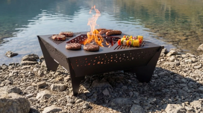 Vatră de foc cu grătar pătrată 1000 mm – semineu exterior pentru curte și grădină [2]