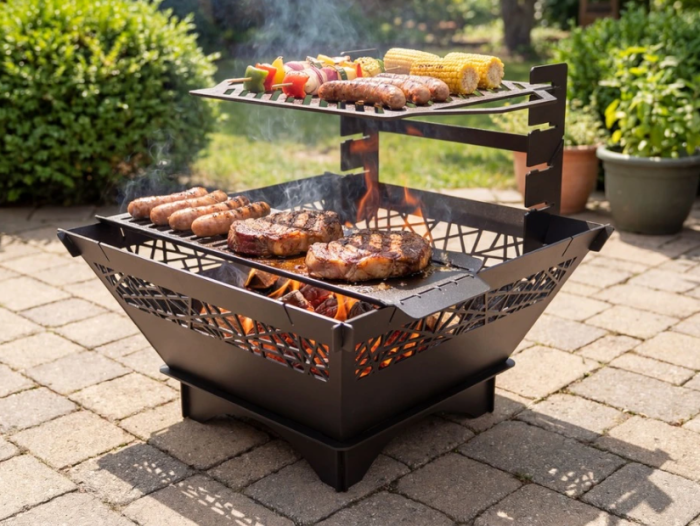 Vatră de foc cu grătar pătrată 700 ornament – semineu exterior pentru curte și grădină [2]