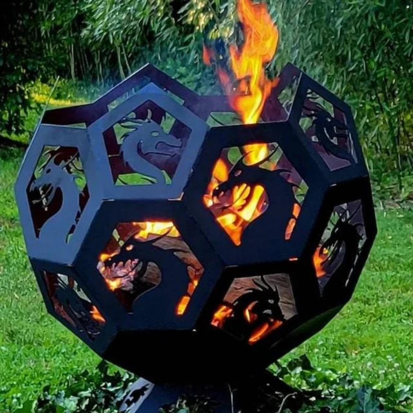 Vatră de foc sferică din oțel cu dragon – fire pit decorativ pentru exterior [3]