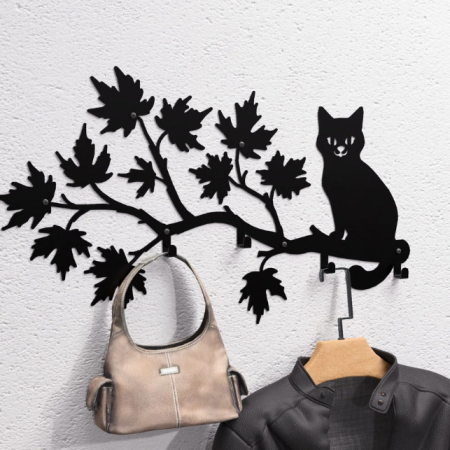 Casă și grădină - Cuier Metalic Decorativ "Pisica pe Ramură" - Oțel Debitat Laser și Îndoit Abkant