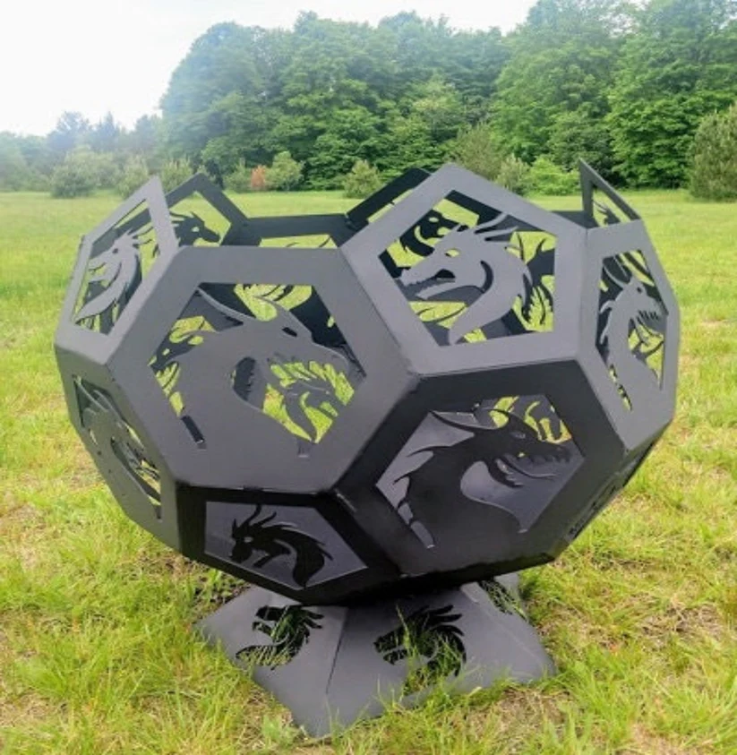 Vetre de foc din metal - Vatră de foc sferică din oțel cu dragon – fire pit decorativ pentru exterior