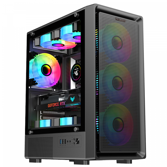 Carcasa ProGaming Vision, Middle Tower, M-ATX, Fara Sursa, 4 Ventilatoare RGB, Negru [1]