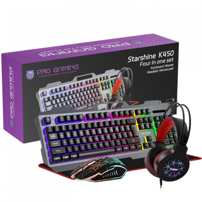 Kit 4 in 1 Pro Gaming K450, Mouse, Tastatura, Casti, Mousepad, RGB, USB [1]